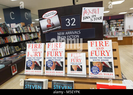 A controversial book on Donald Trump and his administration, Fire and Fury: Inside the Trump White House by Michael Wolff (English version) on sale at Kinokuniya bookstore in Shinjuku on February 23, 2018, Tokyo, Japan. The Japanese version of the nonfiction book written by reporter Michael Wolff was released in Japan on February 23 after its English version since January 19. Wolff's book has sold 1.7 million copies and became number one on The New York Times and Amazon's best selling lists after its release in January. Credit: Rodrigo Reyes Marin/AFLO/Alamy Live News Stock Photo