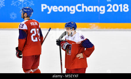 Kangnung, Korea, Republic Of. 23rd Feb, 2018. From left Czech Jan Kolar and Jan Kovar after the Czech Republic vs. Russia ice-hockey semi final match within the 2018 Winter Olympics in Gangneung, South Korea, February 23, 2018. Credit: Michal Kamaryt/CTK Photo/Alamy Live News Stock Photo