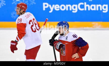 Kangnung, Korea, Republic Of. 23rd Feb, 2018. From left ANDREY ZUBAREV of Russia and Czech JAN KOVAR after the Czech Republic vs. Russia ice-hockey semi final match within the 2018 Winter Olympics in Gangneung, South Korea, February 23, 2018. Credit: Michal Kamaryt/CTK Photo/Alamy Live News Stock Photo