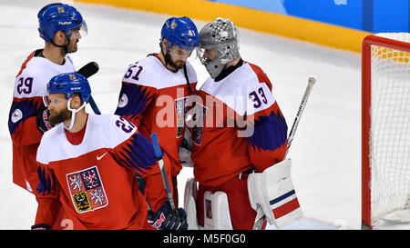 Kangnung, Korea, Republic Of. 23rd Feb, 2018. Czech JAN KOLAR, MARTIN RUZICKA, ROMAN HORAK, PAVEL FRANCOUZ after the Czech Republic vs. Russia ice-hockey semi final match within the 2018 Winter Olympics in Gangneung, South Korea, February 23, 2018. Credit: Michal Kamaryt/CTK Photo/Alamy Live News Stock Photo