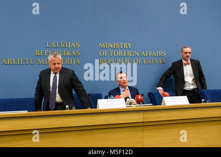 Riga, Latvia. 22nd February, 2018. Press conference at Latvian Ministry of Foreign Affairs - U.S. Deputy Secretary of State Mr John J. Sullivan and Edgars Rinkevics, Latvian Minister of Foreign Affairs. Stock Photo