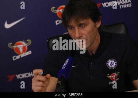 Cobham, UK. 23rd Feb, 2018.  Antonio Conte, Chelsea Football Club's Manager,  talks about the massive Premier League game at Old Trafford against Manchester United and his predessessor Jose Mourinho on Sunday Credit: Motofoto/Alamy Live News Stock Photo