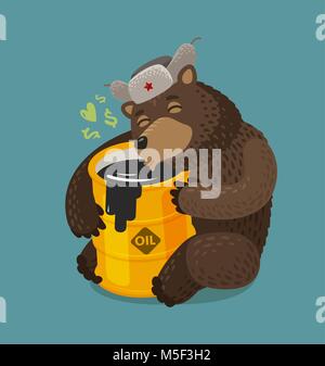 Russian bear hugging barrel of oil. Russia, Moscow concept. Cartoon vector illustration Stock Vector