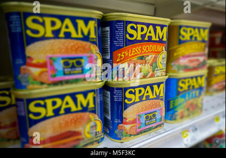 Cans of Spam by Hormel are seen on a supermarket shelf in New York on Tuesday, February 20, 2018. Hormel Foods is scheduled to release its first-quarter results on Feb. 22 prior to the bell. (Â© Richard B. Levine) Stock Photo