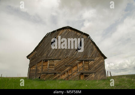 Alberta, Canada.  Front view of old, abandoned, creepy looking barn on the Prairies on an overcast spring day. Stock Photo