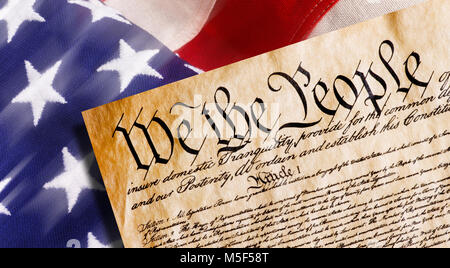 Constitution of America, We the People withAmerican flag. Stock Photo