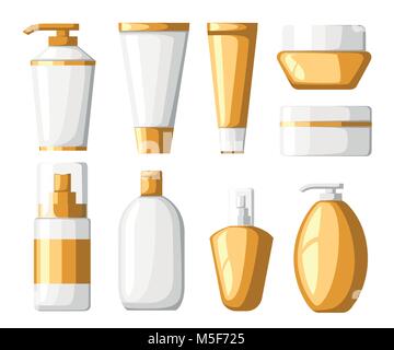 Set of cosmetics contaniers tubes and bottles white and golden plastic containers bottles with spray vector illustration isolated on white background  Stock Vector