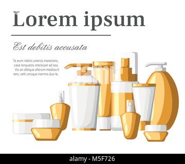 Set of cosmetics contaniers tubes and bottles white and golden plastic containers bottles with spray vector illustration with place for your text isol Stock Vector