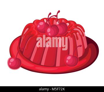 Cute red transparent cherry jelly pie on a plate fruit gelatin dessert decorated cherry vector illustration isolated on white background web site page Stock Vector