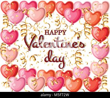Pattern of heart shaped balloons with golden ribbons different colors balloon vector illustration with place for your text isolated on white backgroun Stock Vector