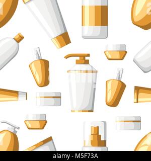 Seamless pattern of cosmetics contaniers tubes and bottles white and golden plastic containers bottles with spray vector illustration on white backgro Stock Vector
