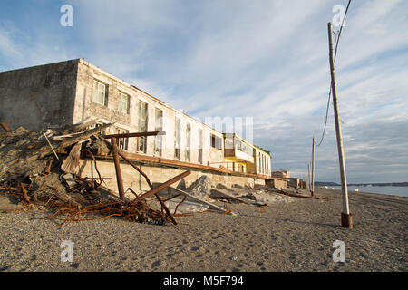 Shmidta, Chukotski region, Russia - Settlement Shmidta, July 5, 2017: The old houses thrown by people Stock Photo