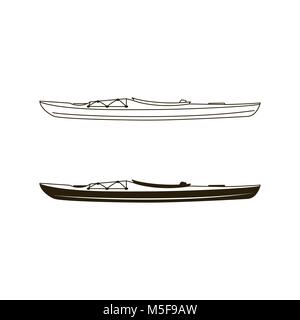Kayak canoe icons in flat filled and line art style. Linear and silhouette styles pictograms. Stock vector illustration isolated on white background Stock Vector
