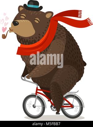 Happy bear riding bike. Pleasure trip concept. Cartoon vector illustration Stock Vector