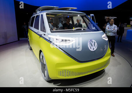 FRANKFURT, GERMANY - SEP 12, 2017: Volkswagen I.D. Buzz electric self-driving camper van shown at the Frankfurt IAA Motor Show 2017. Stock Photo