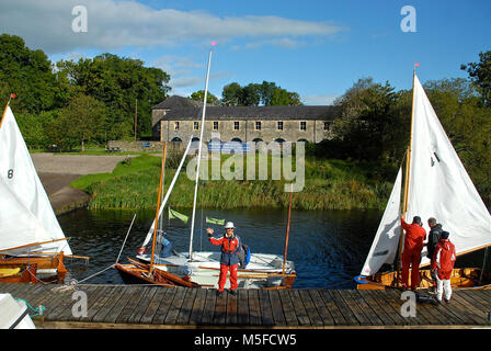 Holiday cottages at the National Trust property of Crom, Northern Ireland. A fleet of dinghies is moored at the jetty. Race champion Koji Ikeda waves. Stock Photo