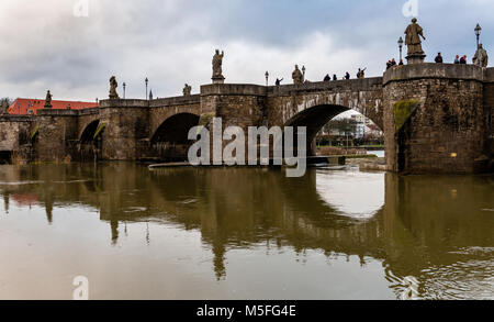 Alte Mainbrücke (Old Main Bridge), a stonebridge over Main river,  built 1473–1543, in Würzburg, Franconia, Bavaria, Germany. Stock Photo