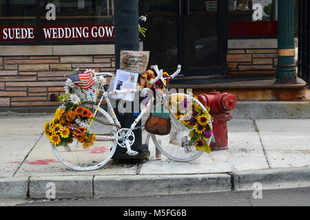 A ghost bike memorial marks the spot in Chicago where 23-year-old Anastasia Kondrasheva was struck and killed by a construction truck Sept. 26, 2016. Stock Photo