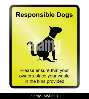 Yellow responsible dog waste public information sign isolated on white background Stock Photo