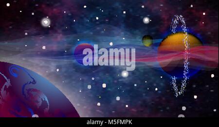 Vector realistic and futuristic space background. Open space. Alien planet background. Vector cosmic illustration. 10 Stock Vector