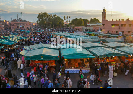 View of the famous Jamaâ El Fna Square and Koutoubia Mosque in Marrakesh, Morocco. Stock Photo