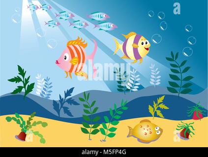 Several colorful cartoon fish swimming in the ocean Stock Vector