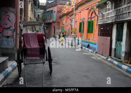 hand pulled rickshaw in narrow lane, Kolkata, West Bengal, India, Asia Stock Photo