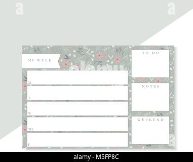 Weekly planner with green and pink flowers, stationery organizer for daily plans, floral vector weekly planner template, schedules Stock Vector