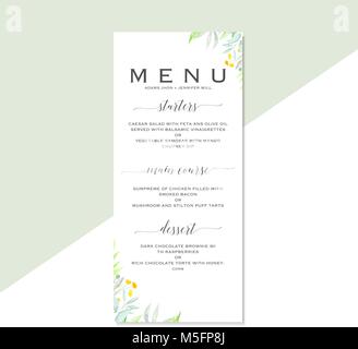 Wedding menu template with hand drawn watercolor flowers, leaves and branches, illustration, wedding. Stock Vector