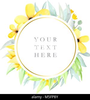 Round floral frame with watercolor flowers and leaves, yellow watercolor flowers, logos, illustration hand drawn Stock Vector