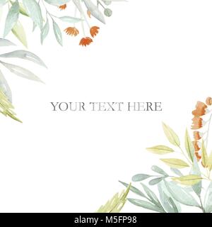 Square frame with hand drawn watercolor flowers and leaves,  text decoration. Hand drawn illustration. Stock Vector