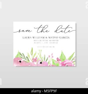 Save the date template with watercolor pink flowers and leaves, card template with hand drawn flowers, illustration, wedding. Stock Vector