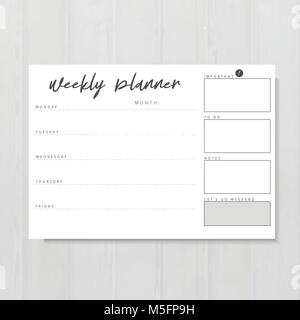 Weekly planner template black and white, stationery organizer for daily plans, vector weekly planner template, schedules Stock Vector