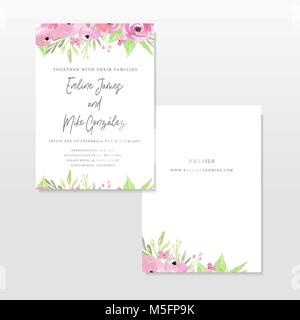 Wedding invitation template with pink flowers, wreath, marriage, flowers, hand drawn illustration. Invitation template. Watercolor hand drawn Stock Vector