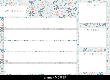 Weekly planner with blue an pink hand drawn flowers, stationery organizer for daily plans, floral vector weekly planner template, schedules Stock Vector