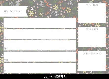 Weekly planner with flowers orange, green, yellow and pink, stationery organizer for daily plans, floral vector weekly planner template, schedules Stock Vector