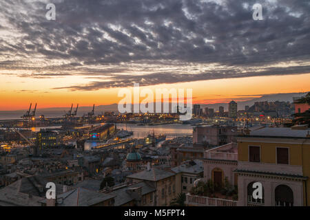 GENOA (GENOVA), ITALY,  JANUARY, 24, 2017 - View of old city and the port at sunset, Genoa (Genova, Italy Stock Photo