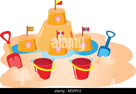 A sandcastle with shells and flags, built with a childs bucket and spade Stock Vector