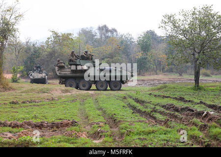 U.S. Marines with with Alpha Company, 3rd Light Armored Reconnaissance Battalion, Combat Assault Battalion, 3rd Marine Division, move their Light Armored Vehicles into position during a live-fire exercise, Feb 19, 2018 during Exercise Cobra Gold 18 in Phu Lamyai, Kingdom of Thailand. The exercise is designed to advance regional security and ensure effective responses to regional crises by bringing together a robust multinational force to address shared goals and security commitments in the Indo-Pacific region.Cobra Gold 18 is an annual exercise conducted in the Kingdom of Thailand held from Fe Stock Photo