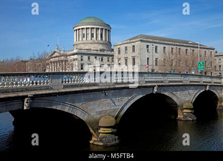 O'Donovan Rossa Bridge and the Four Courts designed by James Gandon in 1786 and  restored after Irish Civil war, Dublin City, Ireland Stock Photo