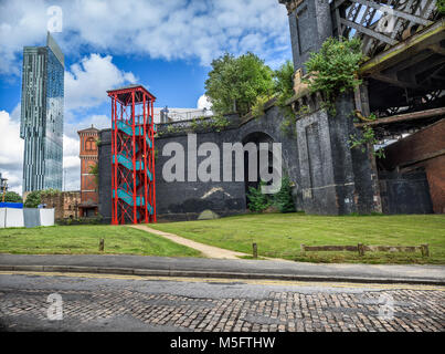 The Castlefields area of Manchester, Uk showing the contrast of old and new architecture, Including the Beetham tower. Stock Photo