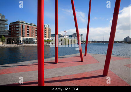 Pole scupture on the Grand Canal Basin, part of the Dublin Docklands area redevelopment project of many high-tech multinationals, aka 'Silicon Docks'. Stock Photo