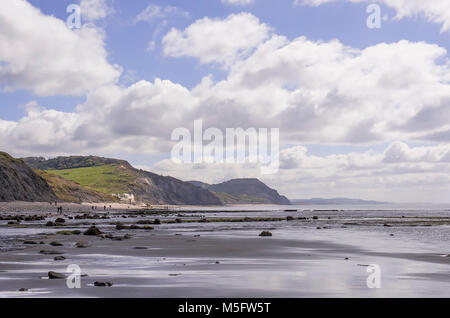The view over to Golden Cap on the Jurassic Coast Dorset taken from Charmouth beach at low tide. Stock Photo