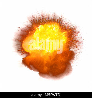 Realistic orange fiery explosion with sparks isolated on white background Stock Photo