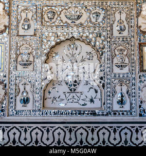 Ancient fortress, Amer fort, Shish Mahal, architectural detail, Jaipur, Rajasthan, India. Historic Amber fort, beautiful Chamber of Thousands Mirrors, Stock Photo