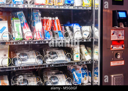 Vending machine in a Premier Inn hotel, selling toiletries including razor blades, batteries, travel adapters, toothpaste, tooth brushes, deodorants etc. Stock Photo