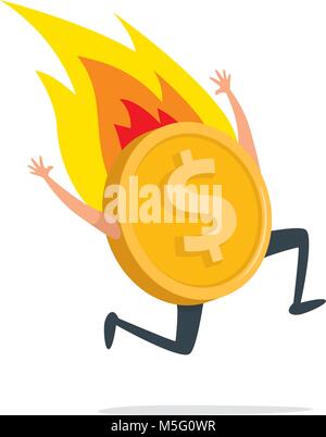 Cartoon illustration of goldem coin on fire running desperately Stock Vector