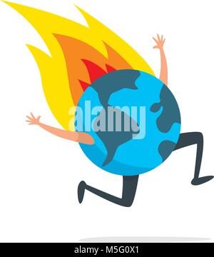 Cartoon illustration of planet earth running desperately on fire Stock Vector