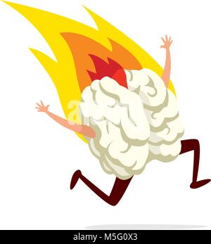 Cartoon illustration of human brain running on fire Stock Vector