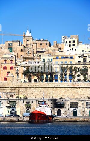 View across the Grand Harbour towards Valletta city seen from Vittoriosa, Valletta, Malta, Europe. Stock Photo